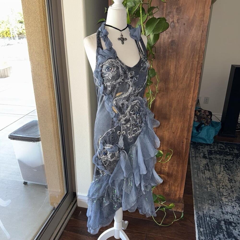 fairy 90s iridescent lace trimmed beaded floral embroidered denim halter dress - Picture 4 of 8